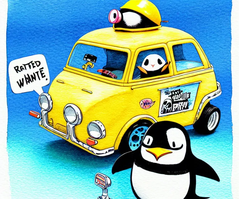 Image similar to cute and funny, penguin wearing a helmet riding in a tiny hot rod with an oversized engine, ratfink style by ed roth, centered award winning watercolor pen illustration, isometric illustration by chihiro iwasaki, edited by range murata, tiny details by artgerm and watercolor girl, symmetrically isometrically centered, sharply focused