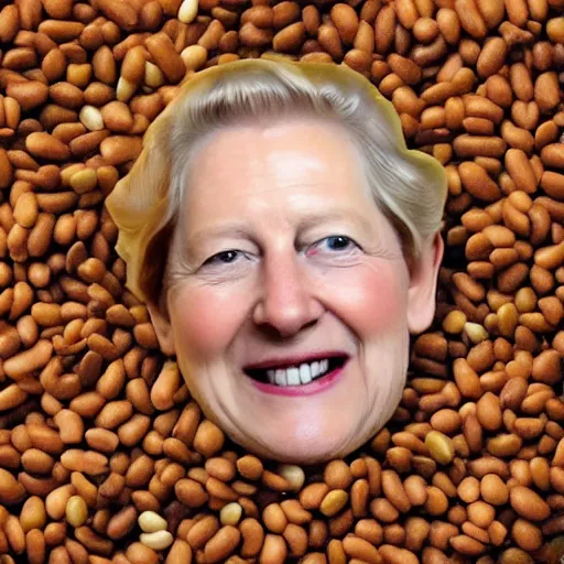 Image similar to photorealistic of the leader of the united kingdom swimming in a pool of beans