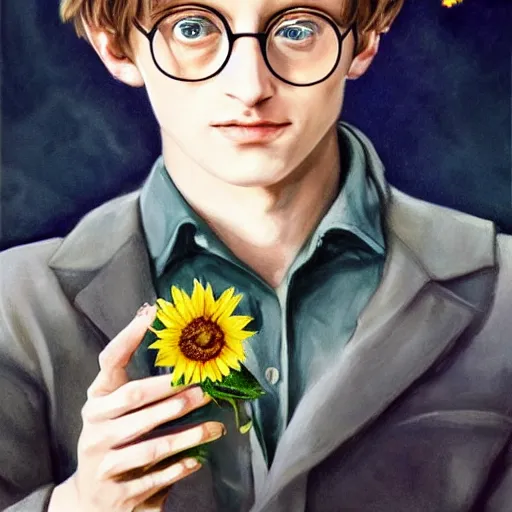 Image similar to hyperrealistic portrait harry poter holding a sunflower in the background there is a beautiful full moon