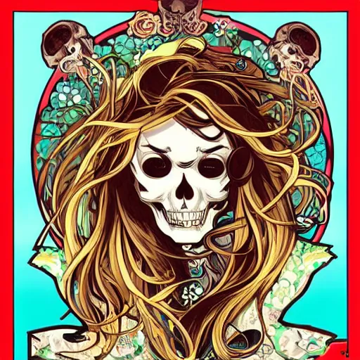 Image similar to anime manga skull portrait woman face flowing hair skeleton illustration style by Alphonse Mucha and Takashi Murakami pop art nouveau