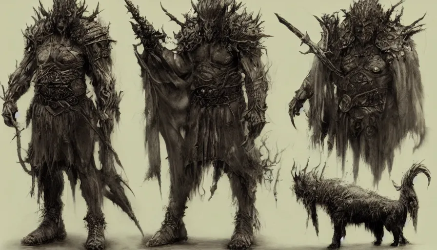 Image similar to feral chieftain charector concept sheet, beksinski, ruan jia, the hobbit orc concept, dark soul concept