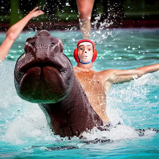 Image similar to a water polo player riding a hippopotamus. sports photograph.