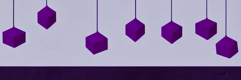 Prompt: clay rendering of simple geometric shapes floating in a grey flat sky, small glowing cylinders hover around the shapes, cool purple slate blue lighting, cgi, ambient occlusion, masterwork, splash page, widescreen 4 k