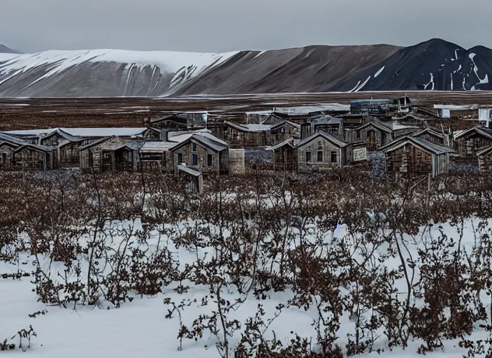 Image similar to desolate abandoned longyearbyen, taken over by nature, houses covered in vines