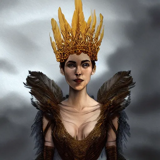 Prompt: , a woman with a golden crown shaped like the wings of a crow, she wears clothes made of feathers through which smoke and fog goes, intricate, elegant, highly detailed, digital painting, artstation, concept art, smooth, sharp focus, illustration, art by Terry Moore