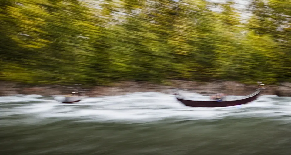 Image similar to a highspeed viking ship sailing down a river, f / 2. 8, motion blur