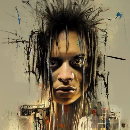 Image similar to technospiritual intervention, by michel basquiat and artgerm and seb mckinnon and greg rutkowski, featured on artstation, fine art, mixed media, highly detailed, sharp, in focus