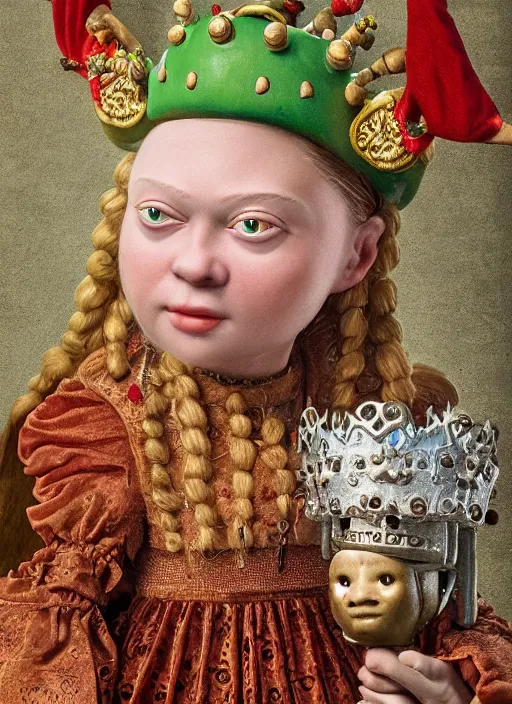 Prompt: closeup medieval jan van eyck face portrait of tin toy greta thunberg medieval goblin as a fairytale princess wearing a crown eating cakes in the castle, bikini, detailed and intricate environment, nicoletta ceccoli, mark ryden, lostfish, hyperrealistic, octane render