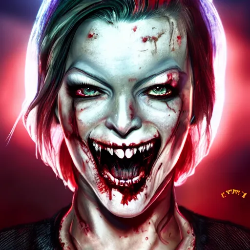 Image similar to angry zombie full body portrait of milla jovovich, new york city background, grimdark horror, stylized digital illustration, radiating a glowing aura, global illumination, ray tracing, hdr, fanart arstation by ian pesty and katarzyna bek - chmiel