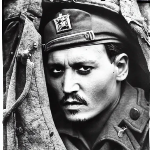 Image similar to Johnny depp as a soldier, ww1 trench, war photo, film grain