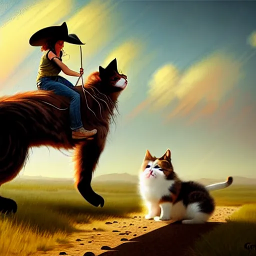 Image similar to fluffy cat in cowboy hat like a tiny girl riding on the back of a giant corgi by greg rutkowski