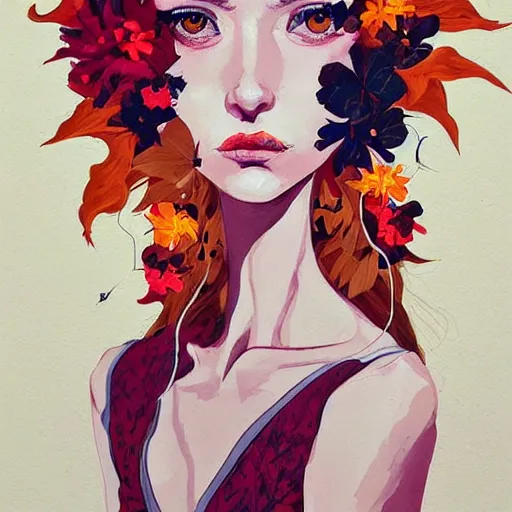 Prompt: surreal gouache paintingby conrad roset, female head with flowers growing out, portrait, cgsociety, artstation, rococo dreamycostume and grand headpiece,