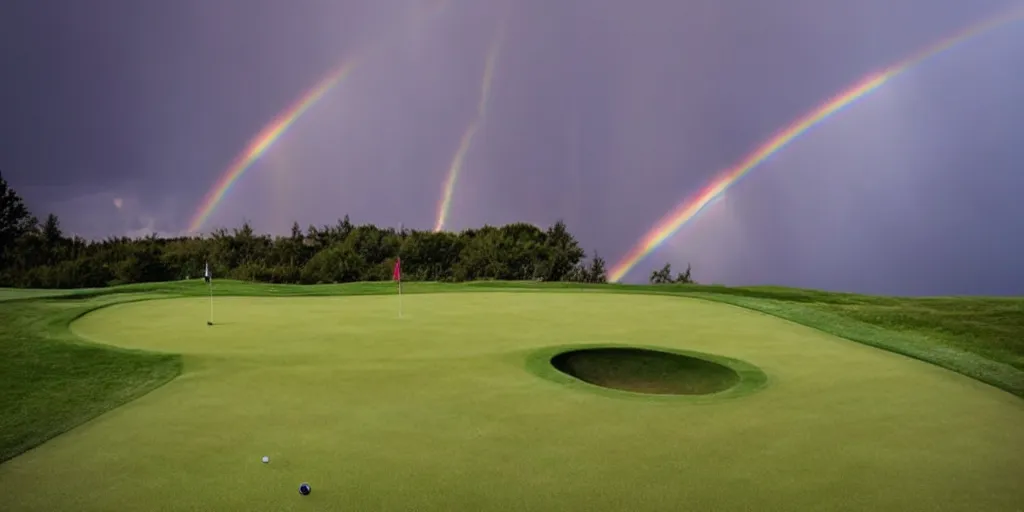 Image similar to a great photograph of the most amazing golf hole in the world, on top of the clouds, lightning storm and a rainbow, sunlight, ambient light, golf digest, top 1 0 0, fog