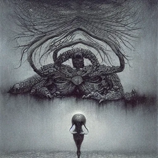 Prompt: 🐢🎉🌠 beksinski, eldritch, apocalypse, creepy creature, horror spooky
