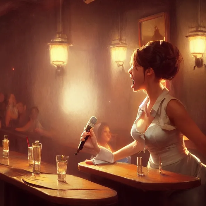 Image similar to a waitress singing on a table in a bar, elegant, real life skin, intricate artwork, high detailed, artstation, concept art, smooth, sharp focus, art by artgerm and greg rutkowski