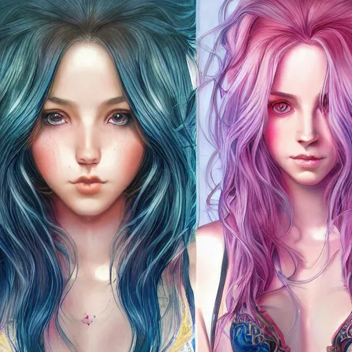 Image similar to portrait of beautiful symmetrical anime girl, rainbow hair, attractive, casual, modern, victoria's secret, highly detailed, digital painting, artstation, concept art, smooth, sharp focus, illustration, art by artgerm, greg rutkowski and alphonse mucha, 8 k,