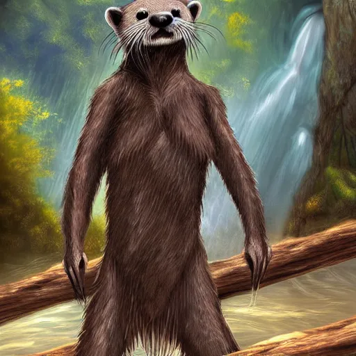 Image similar to furry otter warrior, fantasy art, lightweight armour, near the river, waterfall, digital art, high quality