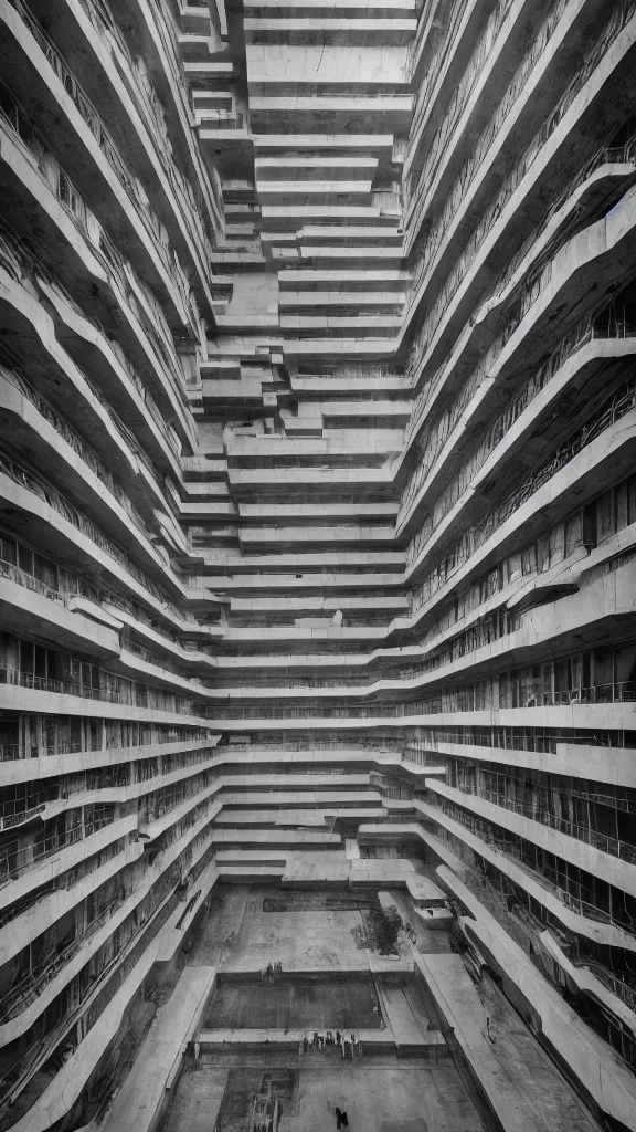 Image similar to photo in style of hiroshige and piranesi. brutalist soviet building. ultrarealistic. giant buildings have deep tall balconies with many people. thin random columns, large windows, deep overhangs. 8 k, volumetric lighting.