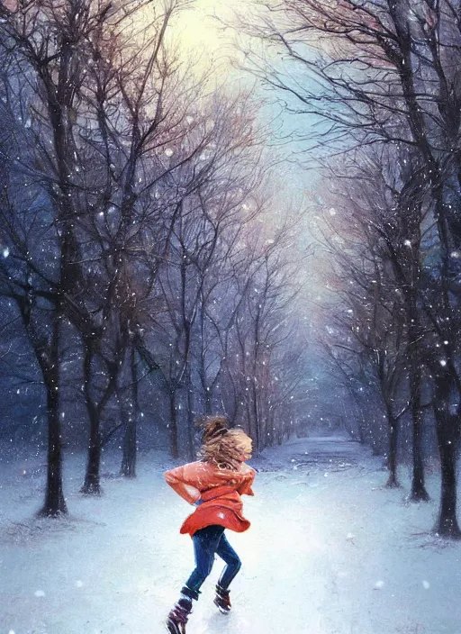 Prompt: a twelve year old girl with short wavy curly light brown hair and blue eyes wearing colorful winter clothes is running in a snowy field. beautiful painting by artgerm and greg rutkowski