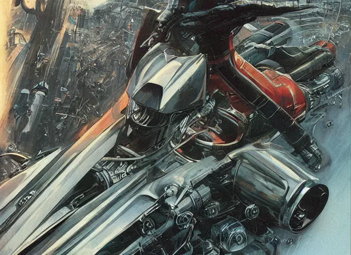Prompt: ( ( ( ( ( classic vintage motorcycle, motorcycle concept art, sci - fi illustration, painting ) ) ) ) ) by vincent di fate and john berkey and logan's run!!!!!!!