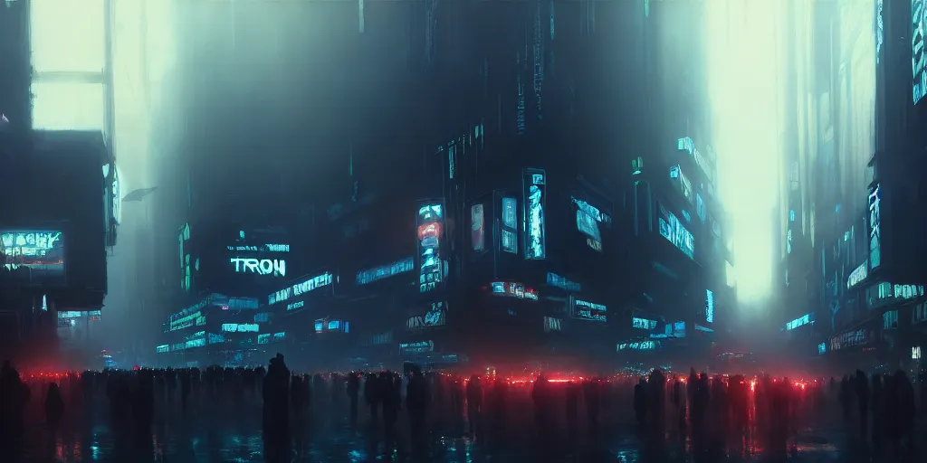 Image similar to beautiful painting by jeremy mann, large crowd in a cyberpunk street, still from tron legacy movie, desaturated, oil painting, perfect composition, detailed octane render trending on artstation, volumetric fog, ominous, unsettling, 8 k artistic photography, volumetric cinematic perfect light