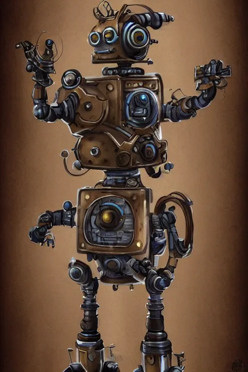 Prompt: character sheet of a steampunk robot, digital art by tyler edlin