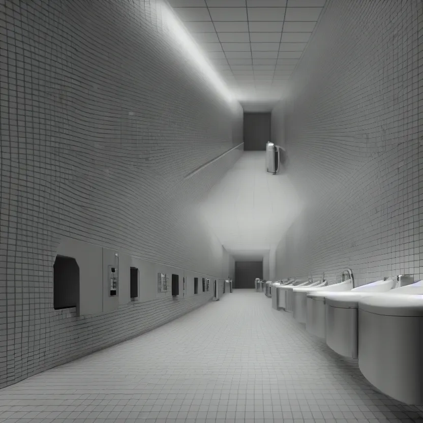 Image similar to an infinite public restroom with endless stalls and endless sinks fading into the distance, cinematic lighting, volumetric lighting, award winning photography, highly detailed, intricate, elegant, smooth, sharp focus, 4 k wallpaper, unreal engine, 9 0 mm, f / 1. 4