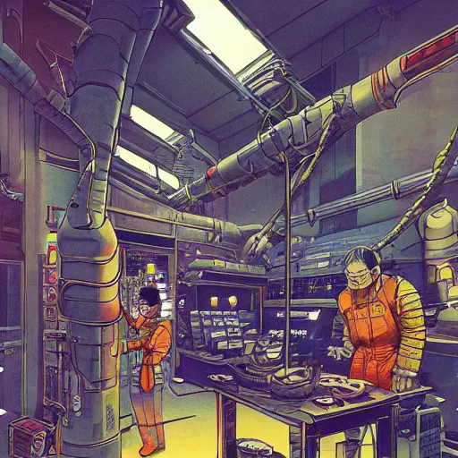 Prompt: asian space merchant in their shop, Industrial Scifi, detailed illustration, character design, by Martin Grip and Moebius