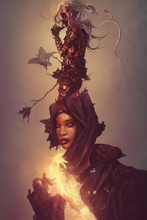 Image similar to Warlock art by Tony Diterlizzi, by Wangechi Mutu, by WLOP, Illustration, DSLR, Warm Color Palette, 3D, Super-Resolution, Moody Lighting , Trending on artstation, artstationHD, artstationHQ, 4k, 8k