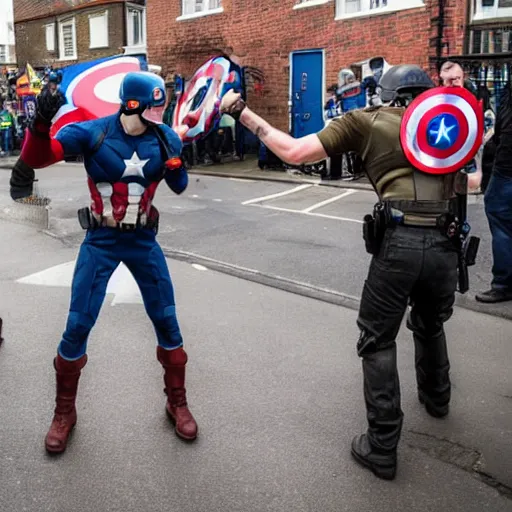 Image similar to photo of captain america fighting an edl march in a british pub