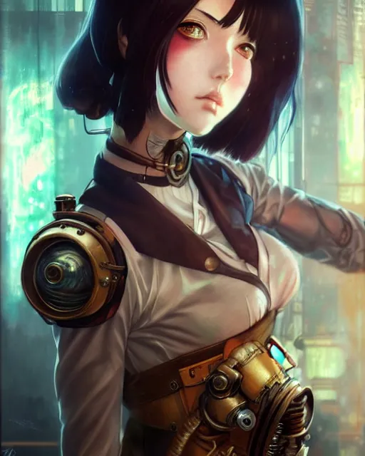 Image similar to portrait Anime Girl steampunk, pretty face, realistic shaded, fine details. Bioshock steampunk realistic shaded lighting by katsuhiro otomo ghost-in-the-shell, magali villeneuve, artgerm, rutkowski Jeremy Lipkin and Giuseppe Dangelico Pino and Michael Garmash and Rob Rey