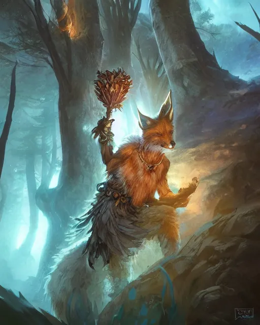 Image similar to Fox Shapeshifter Druid Mage, D&D, artstation, fantasy, magic the gathering artwork, cinematic lighting, centered, symmetrical, highly detailed, digital painting, , concept art, smooth, sharp focus, illustration, volumetric lighting, epic Composition, 8k, art by Akihiko Yoshida and Greg Rutkowski and Craig Mullins, oil painting, cgsociety