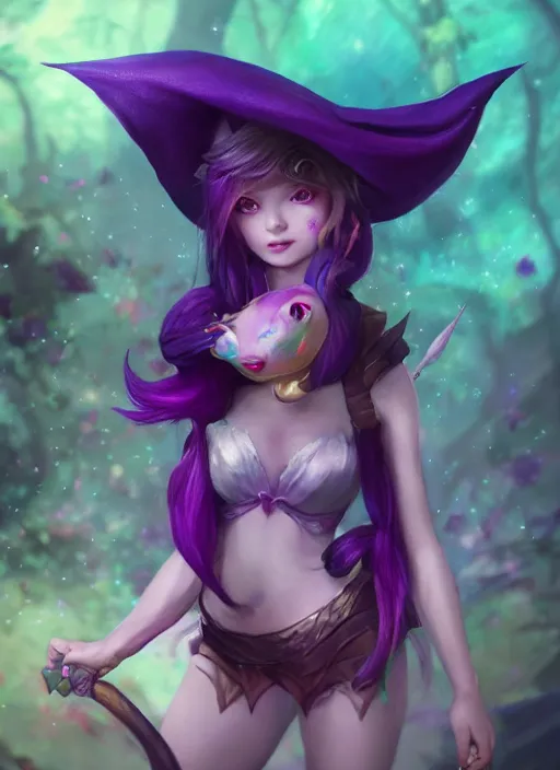 Image similar to lulu short fairy witch with green eyes, from league of legends, purple skin, au naturel, hyper detailed, digital art, trending in artstation, cinematic lighting, studio quality, smooth render, fluorescent skin, unreal engine 5 rendered, octane rendered, art style by klimt and nixeu and ian sprigger and wlop and krenz cushart