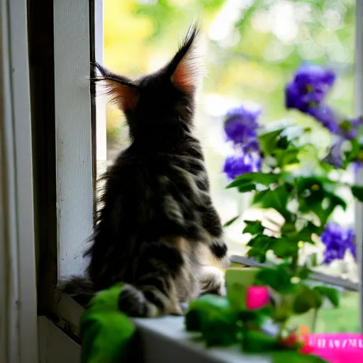Prompt: medium - shot view from the back of a backlit maine coon kitten gazing out a sunny window on a warm day and watching the flowers. 3 5 mm, f / 1 1. 0, is 1 0 0