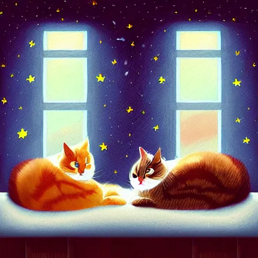 Image similar to two cute multi - colored calico cats sleeping inside a cozy home in the evening, stars shining in the night sky through the window,, artstation, cgsociety, storybook art