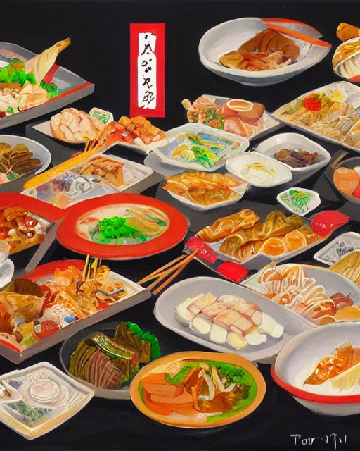 Image similar to a painting of a table full of japanese foods, concept art by taro yamamoto, pixiv contest winner, auto - destructive art, official art, concept art, pixiv