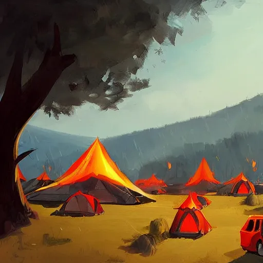 Image similar to a camp with tents on fire, burning down, shadows of girls watching the camp burn, painted by Sylvain Sarrailh