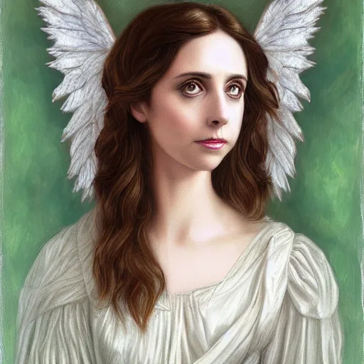 Prompt: alison brie as an angel, detailed digital painting, pre - raphaelite, intricate