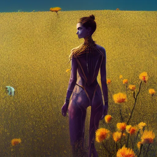 Prompt: concept art by Neil Blevins, James Paick, Natasha Tan Maciej Kuciara, highly detailed, ultra realistic Mediterranean skinned woman with ancient Canaanite clothing walking in a field of vibrant yellow flowers in the middle east long-range plan cinematic lighting