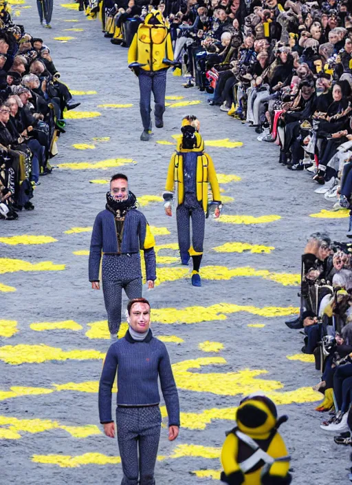 Image similar to hyperrealistic and heavy detailed moncler runway show of minions, leica sl 2 5 0 mm, vivid color, high quality, high textured, real life