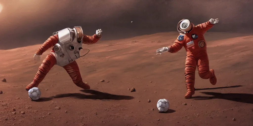 Prompt: ! dream ultra realistic illustration, a soviet astronaut playing soccer on mars, mars landscape, elegant, highly detailed, artstation, concept art, smooth, sharp focus, moody, dramatic lighting