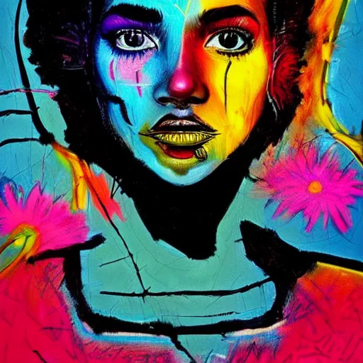 Prompt: a sketch, ultra detailed, colorful, magic, cosmos, beautiful woman, eyes with fire, similar to jennifer laurence with chupa chups in her mouth, surreal, in style of jean - michel basquiat, trending on artstation