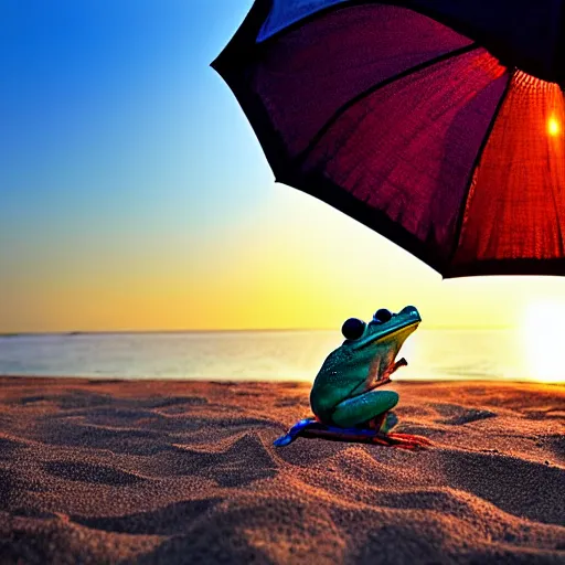 Image similar to frog sitting on the beach with an umbrella next to him, watching a beautiful sunrise, photograph