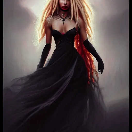 Prompt: photography flawless beautiful female instagram model with blonde and red dreadlocks in a black ballgown, dark, piercing eyes, exotic expression, esoteric clothing, photorealistic, highly detailed, mysterious lighting, artstation, smooth, sharp focus, art by artgerm, greg rutkowski and luis royo