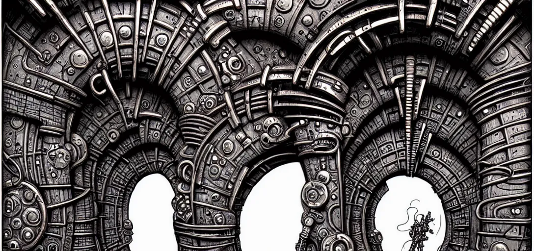 Prompt: a double helix dna cyberpunk steampunk stone carved archway, high details, lineart, by vincent di fate and joe fenton, inking, screen print, masterpiece, trending on artstation, sharp, high contrast, hyper - detailed,, hd, 4 k, 8 k