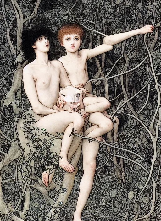 Prompt: boy and girl and a goat in a deep bloody thorns bones forest, by Vania Zouravliov, william-adolphe bouguereau and Takato Yamamoto, high resolution