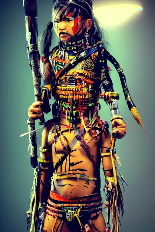 Image similar to a young tribal warrior with warpaint and neon ornamental markings in neotokyo by artist katsuhiro otomo, cinematic lighting, trending on artstation, 8 k,