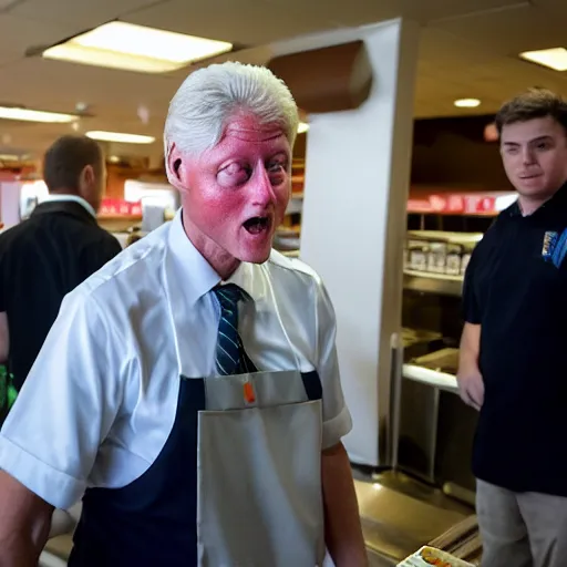 Image similar to first picture of bill clinton cameo as a mcdonald's worker in new movie, ( eos 5 ds r, iso 1 0 0, f / 8, 1 / 1 2 5, 8 4 mm, postprocessed, crisp face, facial features )