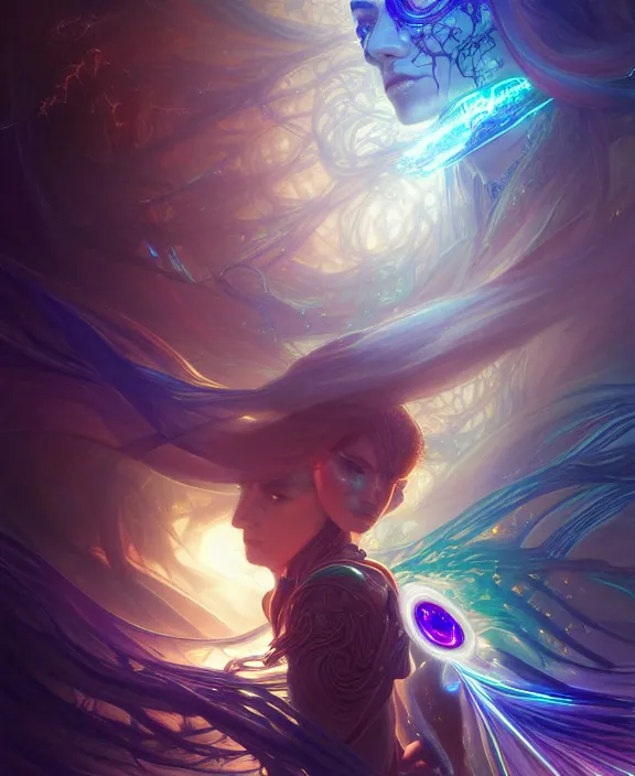 Image similar to a whirlwind of souls rushing inside the metaverse, half body, glowin eyes, tiara with sapphire, pharaoh, android, cyberpunk, d & d, fantasy, intricate, elegant, highly detailed, colorful, vivid color, digital painting, artstation, concept art, art by artgerm and greg rutkowski and alphonse mucha and ruan jia