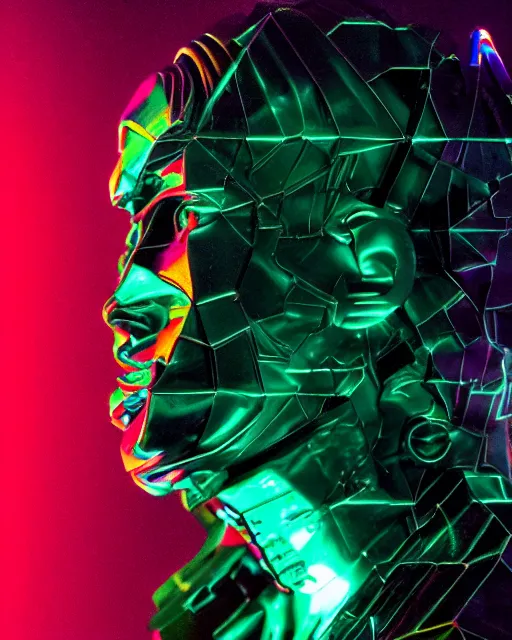 Image similar to dramatic cyberpunk portrait of a metallic featureless statue, crystalline, red glow, green glow, blue glow, atmospheric haze, intense shading, chromatic aberration, glitch, backlit, bokeh, centered